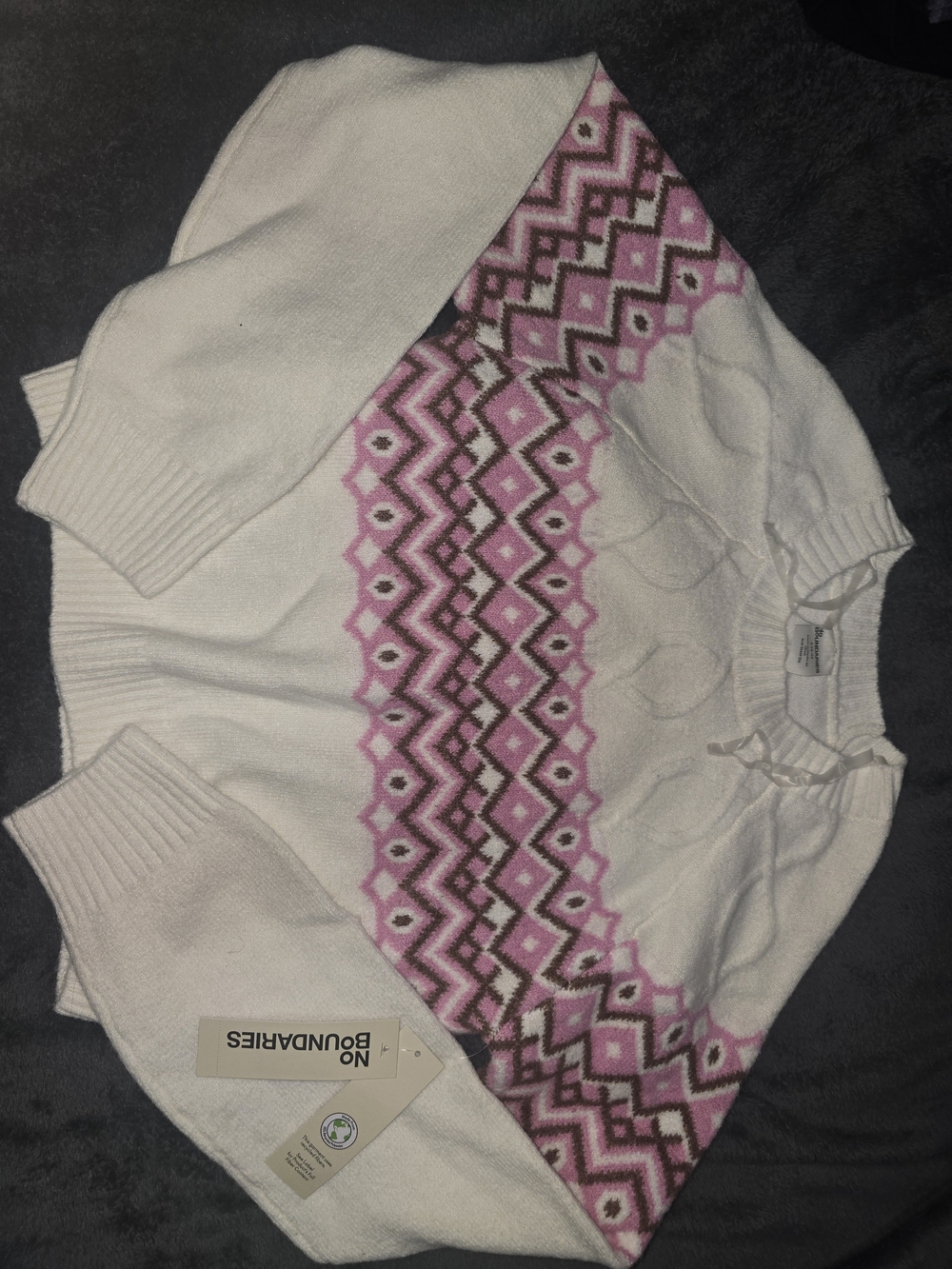 No Boundaries Cream Sweater with Pink & Brown Fair Isle Yoke